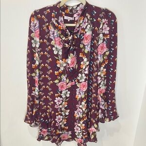 Parker Silk Floral Print Beaded Tiered Long Sleeve Flounce Mini Dress